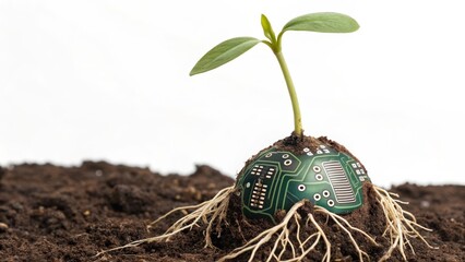 startup seed technology concept. A plant growing from a circuit board in soil.