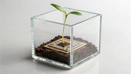 startup seed technology concept. Glass container with a small plant growing in soil.