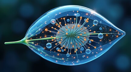 startup seed technology concept. Translucent leaf with intricate patterns and glowing elements.