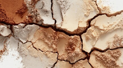Close-up of cracked, powdered substance in various earth tones, ranging from light beige to deep brown, creating a textured, abstract pattern