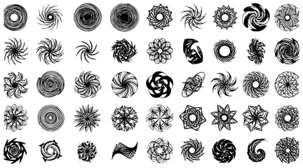Artistic background featuring abstract black and white geometric shapes, circles and spirals, providing a variety of design elements.