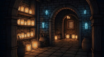 Fototapeta premium Pixel art depiction of a dimly lit stone chamber illuminated by glowing lanterns and symbols. The scene features shelves filled with jars and arched doorways.