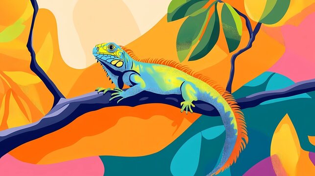 National Iguana Awareness Day poster background, iguanas sitting on a jungle branch, facing opposite directions, wide side view, line pop art style with bold outlines - Powered by Adobe
