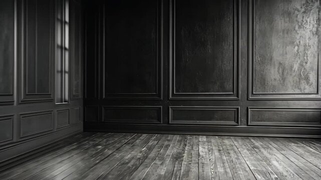 Elegant empty room with dark walls and wooden floor, ideal for interior design showcase