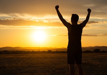 Fototapeta premium Silhouette of a man celebrating sunset in a desert landscape. Generative Ai