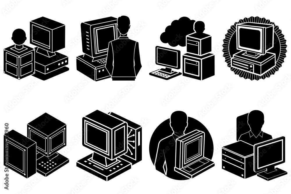 Fototapete Illustration of various computer setups including desktop and server configurations in black and white style