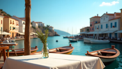 A warm and inviting restaurant table setting, adorned with a crisp white tablecloth and adorned with a delicate glass vase holding a few sprigs of fresh rosemary