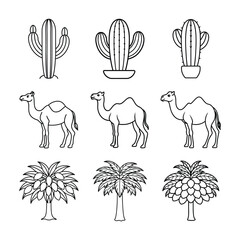 Desert Elements Set with Cactus, Camel, and Date Palm © MdRanju