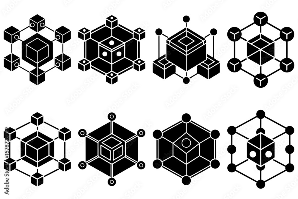 Poster eight abstract black and white isometric cube structures with connecting lines and shapes displayed