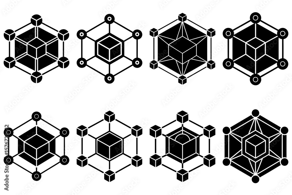 Poster collection of eight isometric cube structures with variations in design and perspective in black and