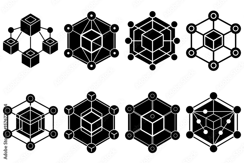 Poster isometric cube structures connected by lines and circles in a geometric arrangement on white backgro