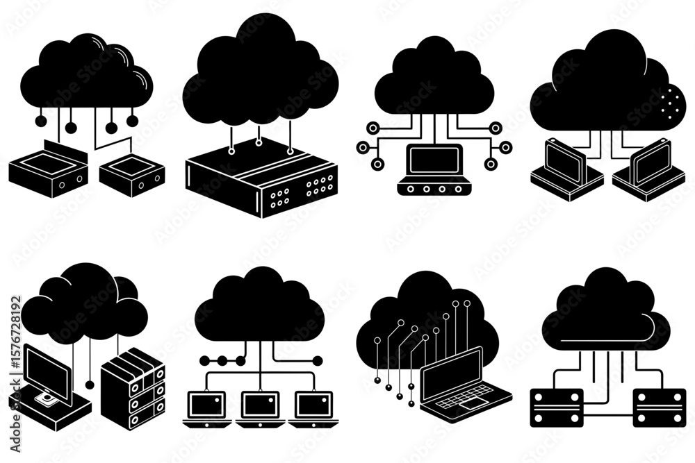 Poster black and white cloud computing network diagram with servers and computers connected to cloud storag