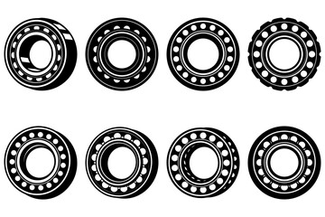 A collection of eight black and white bearing illustrations with varying designs and perspectives shown here