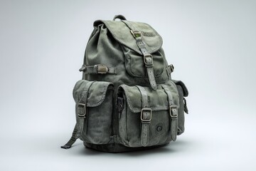 A weathered, olive-green canvas backpack with multiple pockets and leather straps