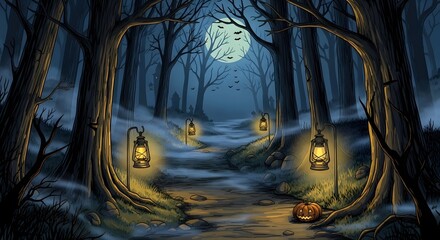 Pixelated forest scene depicting a path illuminated by lanterns under a full moon creating an eerie atmosphere with trees and fog