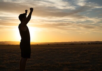 Fototapeta premium Silhouetted Man Celebrates Sunset in Open Field. Generative Ai