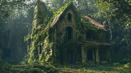 A weathered stone house overgrown with lush foliage in a dense forest.