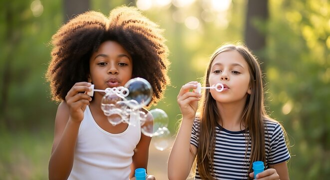 wo Diverse Young Girlfriends, One African American And One Caucasian, Blowing Soap Bubbles Together In A Sunlit Forest, Childhood Friendship Concept, Outdoor Play, Simple Pleasures