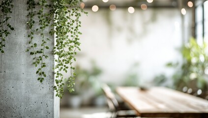 Indoor scene with a concrete pillar and trailing plant, blurred background showing a wooden table and more greenery