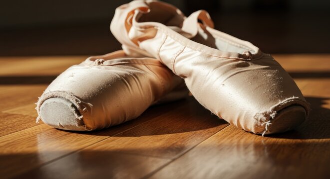 Worn ballet shoes bathed in soft sunlight resting on a wooden floor symbolizing dedication