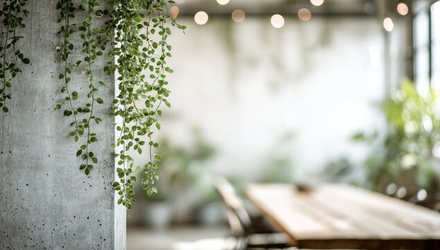 Indoor scene with a concrete pillar and trailing plant, blurred background showing a wooden table and more greenery