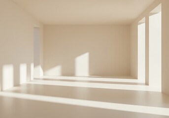 Fototapeta premium An empty, light-filled room with sunlight streaming through the windows, creating shadows on the floor and walls.