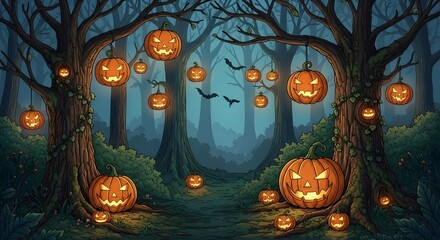 Enchanted forest scene with illuminated jack o lanterns hanging from trees amidst a blue fog under a dark sky