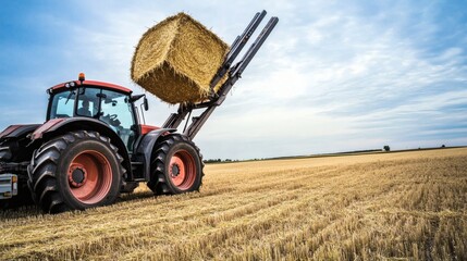 A red tractor moving a round hay bale in field