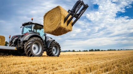 A tractor transporting a bale of hay across a harvested field
