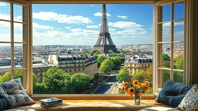 Spectacular view of the Eiffel Tower from a cozy window seat in a Parisian apartment