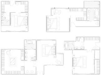 Master Bedroom Suite Layout with Walk-in Closet and Bathroom - 2D AutoCAD Vector Drawing Set (4 Rooms)