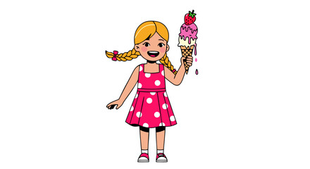 Illustration Vector SVG of Girl Holding Ice Cream Cone in Modern Flat Style with Bright Colors for Kids and Food Advertising