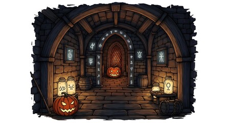 Pixelated Halloween Hallway Scene With Glowing Pumpkins Candles And Eerie Decor Lighting Style