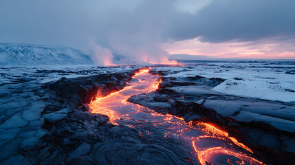 Fototapeta premium Lava River And Melting Glacier With Steam For Dramatic Science Or Nature Print
