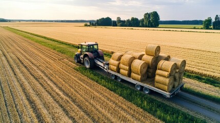 A tractor hauls round hay bales across a vast harvested field