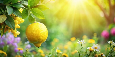 A single fresh lemon sitting on a green leafy branch surrounded by vibrant flowers and lush foliage in a sunny garden