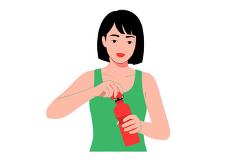 Minimalist Vector SVG Illustration of Woman Opening Bottle in Flat Design Style with Green Tank Top and Red Bottle