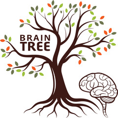 brain tree with roots leaves and human brain