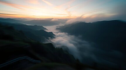 Fototapeta premium Misty valley sunset layered mountains landscape
