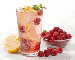 Sparkling raspberry lemonade with fresh fruits and bubbles in clear glass on white background