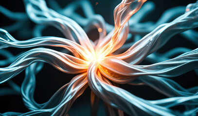 Fototapeta premium a close up of a blue and orange flower on a black background. T