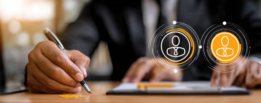 Person signing document with digital profile overlay