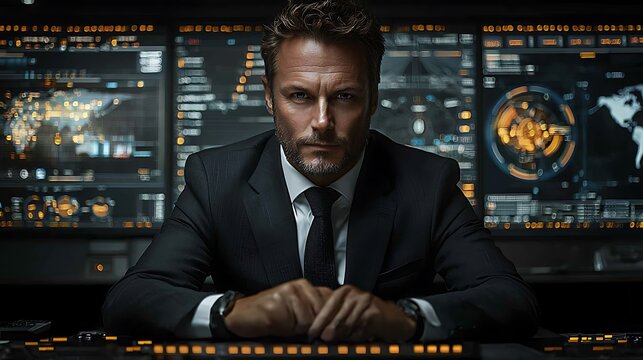 Stern executive in hightech control room