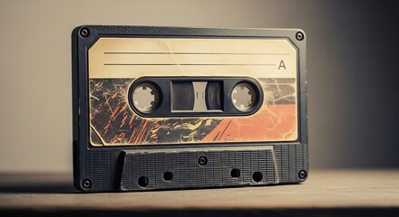 Obraz premium Close-up of a vintage audio cassette tape, showing its details and aged appearance.