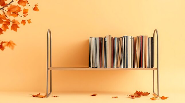 Autumnal Harmony Bookshelf Display, Calm Aesthetic with Fall Foliage Accents