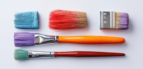Fototapeta premium Four paintbrushes, various sizes and colors, arranged on a white background