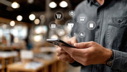 Person using phone, shopping icons overlay