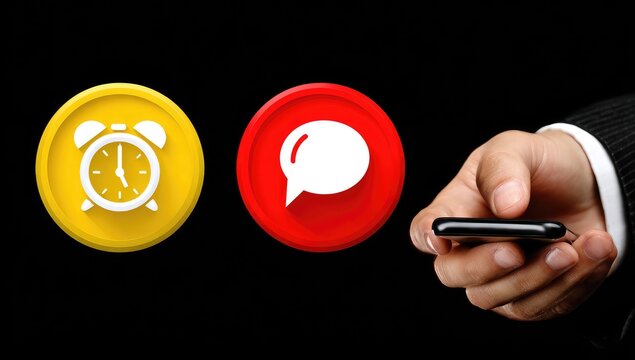 Hand holding phone, with alarm clock and chat icons - Powered by Adobe