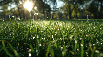 Close-up of dewy grass in a park at sunrise, sun shining through trees in the background. Shallow depth of field focuses on the glistening droplets