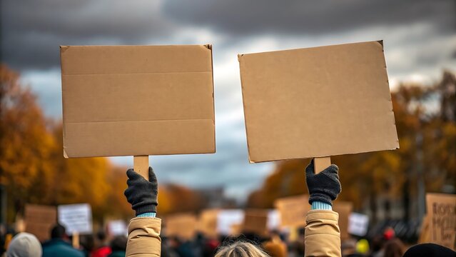 Two blank cardboard signs held aloft protest demonstration